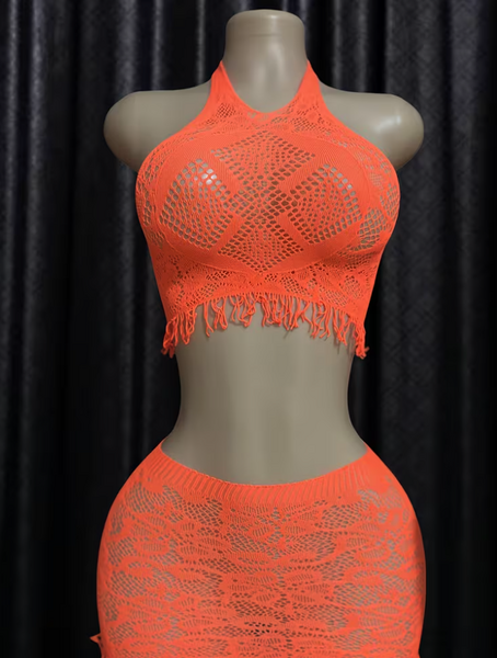 "O" HEAVENS HALTER & SKIRT SET FRINGED ORANGE ONE SIZE