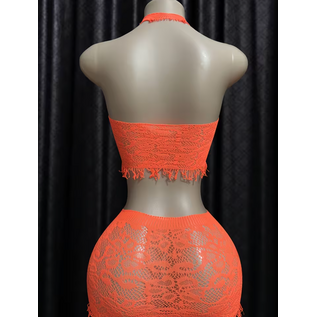 "O" HEAVENS HALTER & SKIRT SET FRINGED ORANGE ONE SIZE