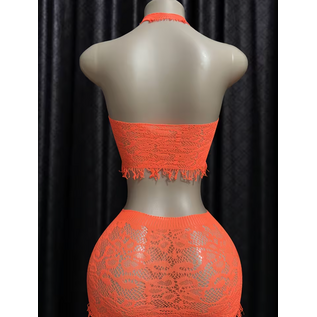 "OH" HALTER & SKIRT SET FRINGED ORANGE O/S