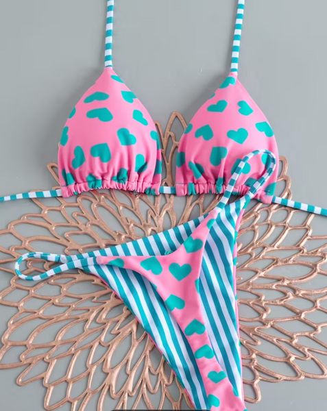 "O" HEAVENS BIKINI LOVE HEARTS REVERSABLE TEAL & PINK MEDIUM