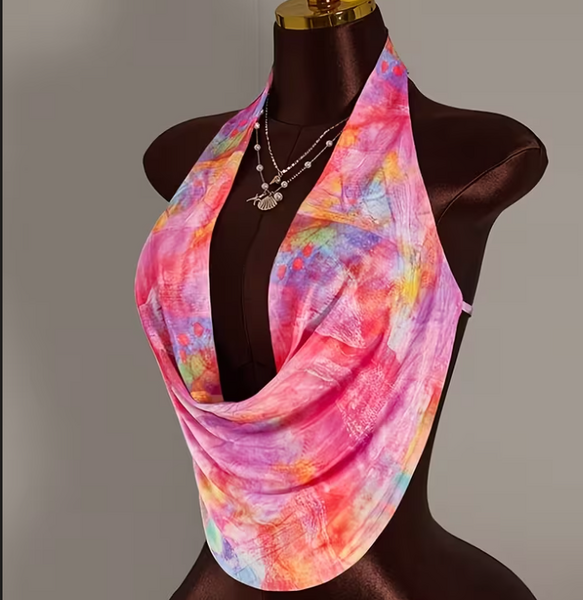 "O" HEAVENS HALTER TOP COWL NECK TIE DYE