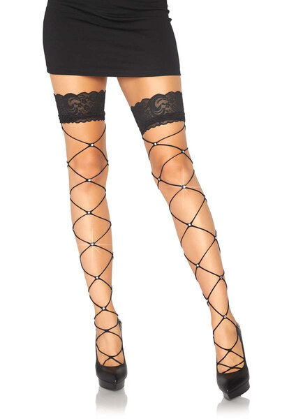 LEG AVENUE THIGH HIGH NET LACE TOP CRYSTALIZED ONE SIZE BLACK