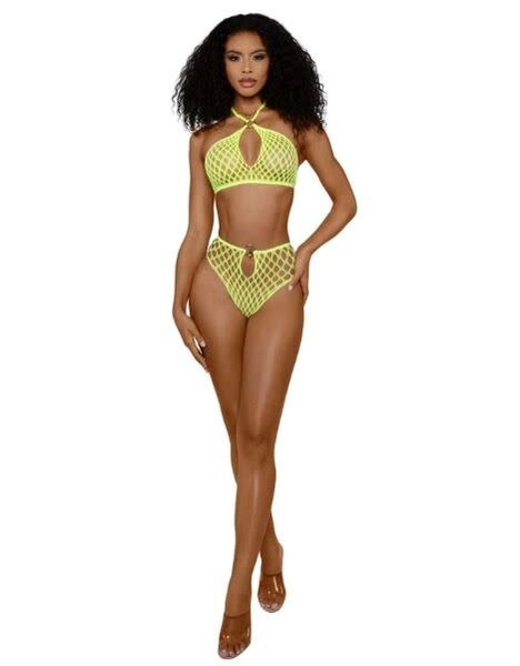 DREAMGIRL TOP & BOTTOM SET NET NEON YELLOW O/S