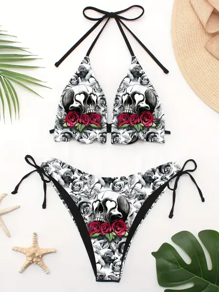"O" HEAVENS RUFFLED SKULL BIKINI SET