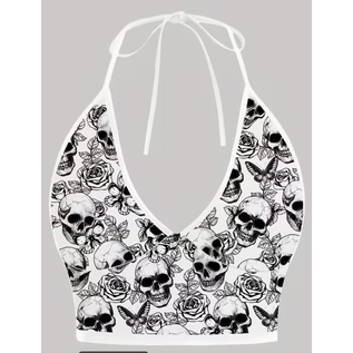 "O" HEAVENS HALTER TOP GOTHIC SKULL WHITE LG