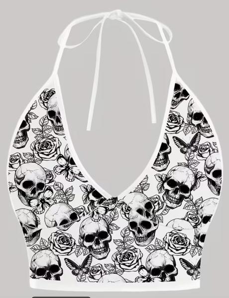 "O" HEAVENS HALTER TOP GOTHIC SKULL WHITE LARGE