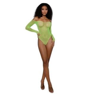 DREAMGIRL BODYSUIT RHINESTONE OFF SHOULDER NEON LIME