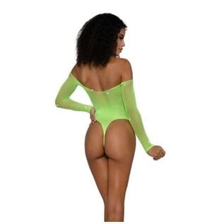 DREAMGIRL BODYSUIT RHINESTONE OFF SHOULDER NEON LIME