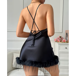 "O" HEAVENS NIGHTIE V NECK FEATHER TRIM BLACK