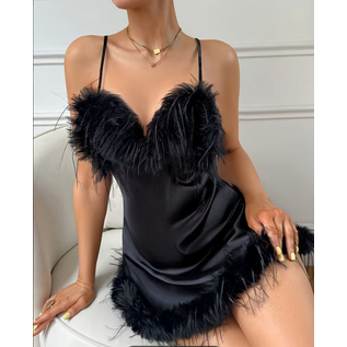 "O" HEAVENS NIGHTIE V NECK FEATHER TRIM BLACK