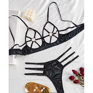 "O" HEAVENS BRA & PANTY HOLLOW STRAPY SET BLACK LG