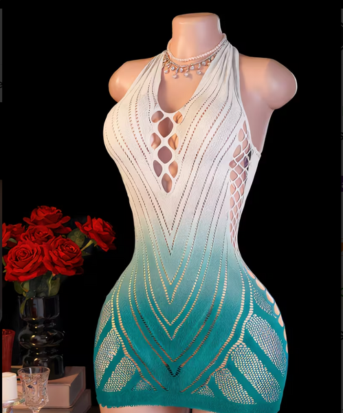 "O" HEAVENS DRESS HALTER OMBRE WHITE & TEAL OS