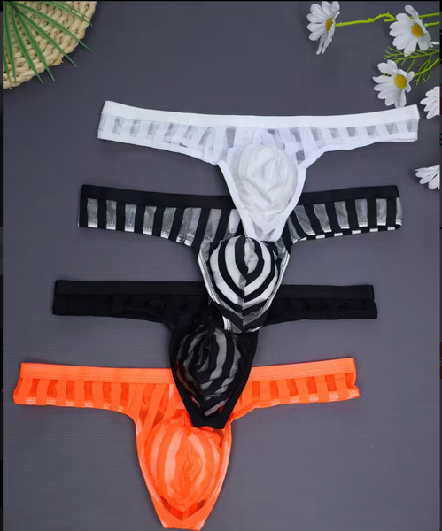 "O" HEAVENS MENS THONG SHEER STRIPED LOW RISE