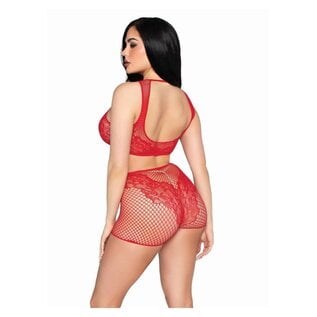 LEG AVENUE CROP TOP & BOY SHORTS NET & LACE RED ONE SIZE