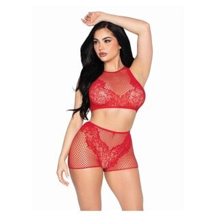 LEG AVENUE CROP TOP & BOY SHORTS NET & LACE RED ONE SIZE