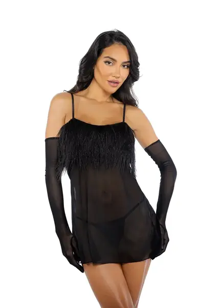 ROMA BABYDOLL & THONG AMELIA FEATHER BLACK