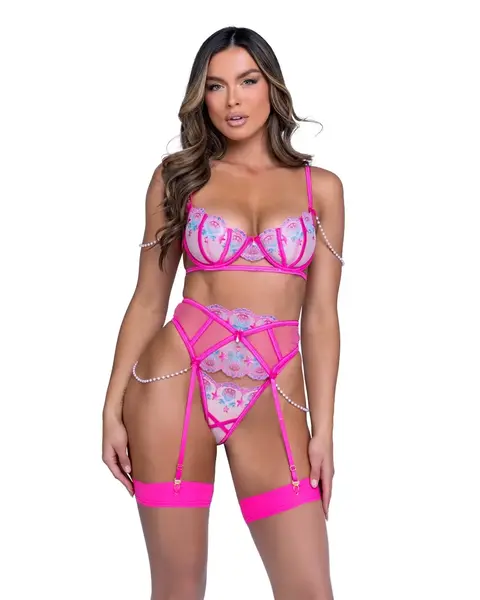 ROMA BRA, GARTER & PANTY SET SULTRY SIREN PINK XL