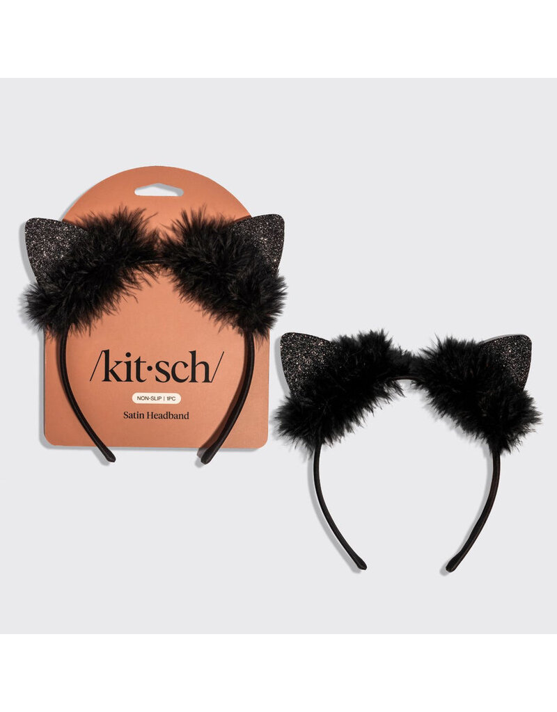 Kitsch Satin Cat Ears Headband - Black Glitter