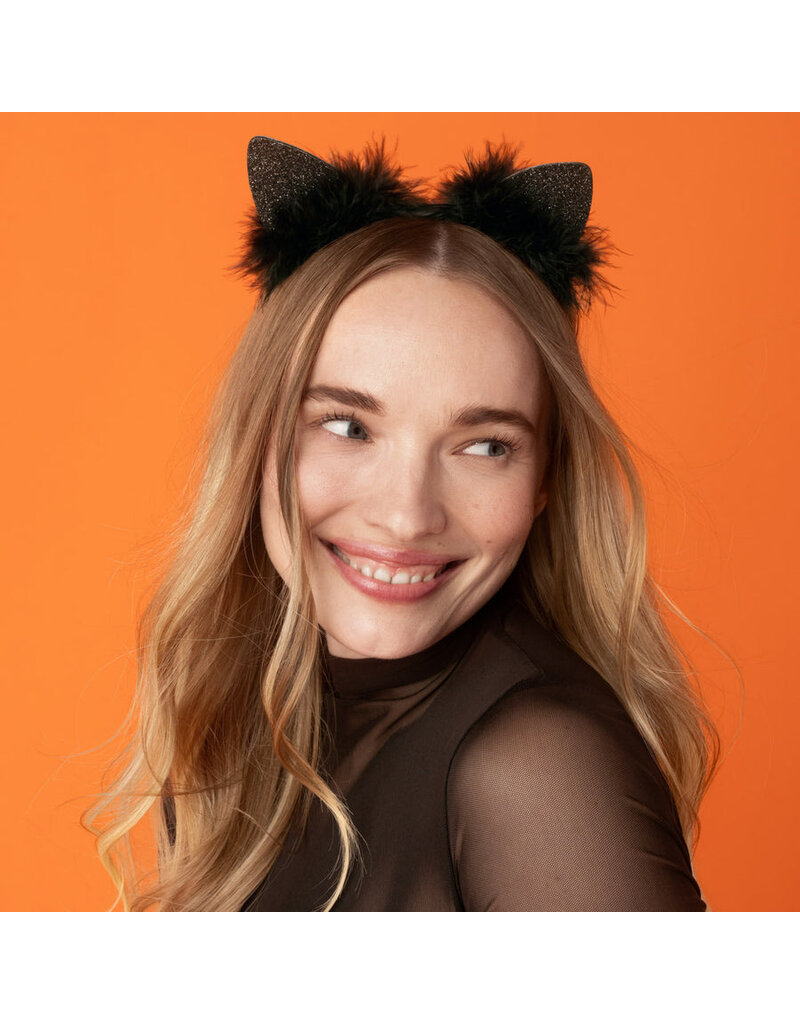 Kitsch Satin Cat Ears Headband - Black Glitter