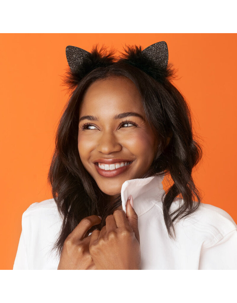 Kitsch Satin Cat Ears Headband - Black Glitter