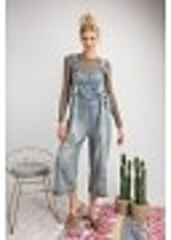 Easel Washed Denim Loose Fit Jumpsuit