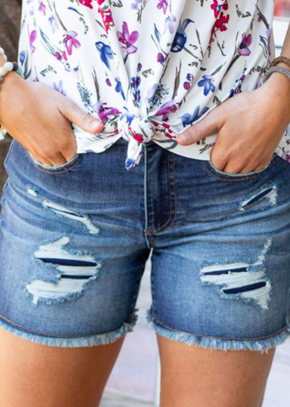 Grace and  Lace Grace and Lace Patched Disressed Shorts