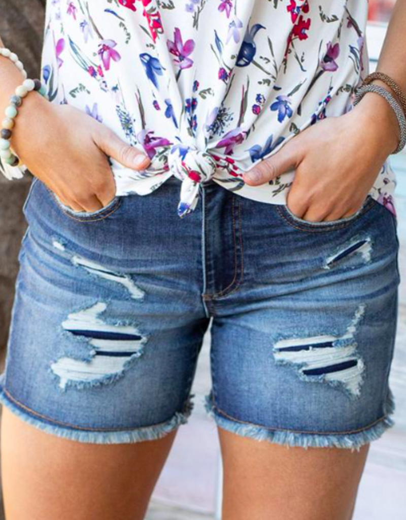 Grace and  Lace Grace and Lace Patched Disressed Shorts