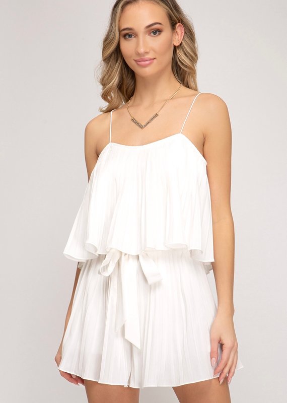 She + Sky Off  Shoulder with Straps Pleated Woven Romper