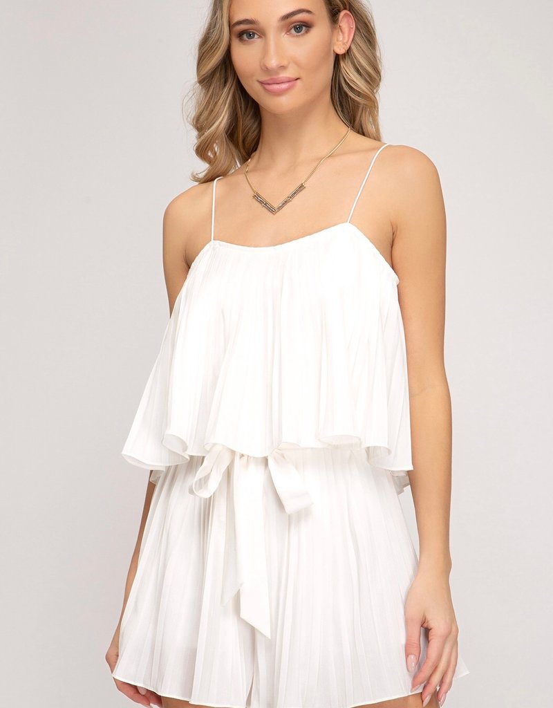 She + Sky Off  Shoulder with Straps Pleated Woven Romper