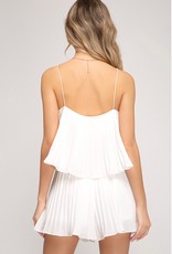 She + Sky Off  Shoulder with Straps Pleated Woven Romper