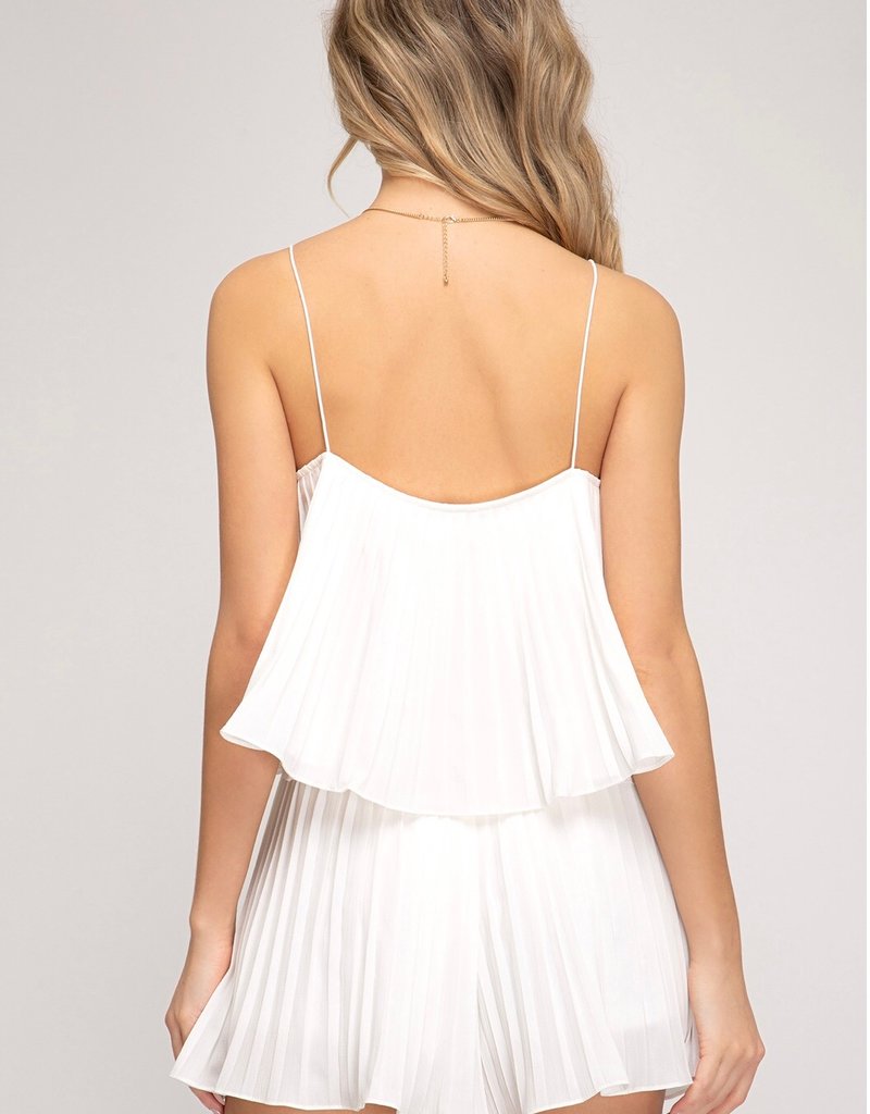 She + Sky Off  Shoulder with Straps Pleated Woven Romper