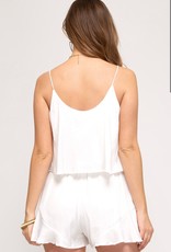 She + Sky Cami Woven Ruffle Overlay Romper with Waist Sash