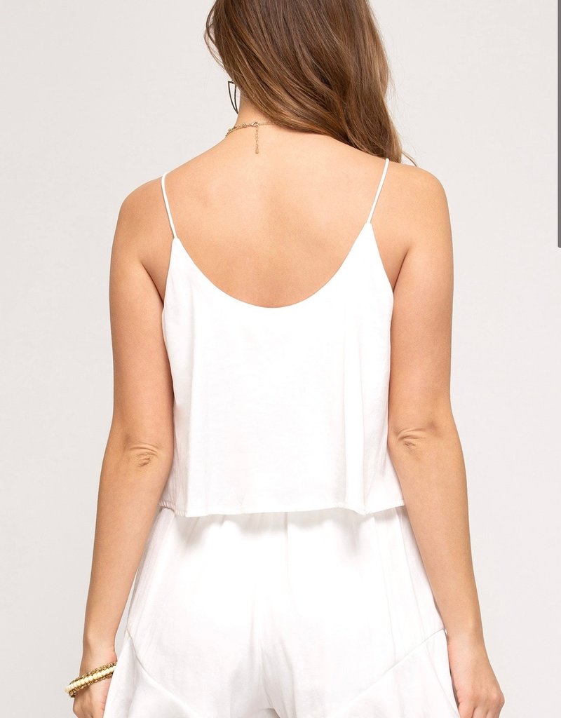 She + Sky Cami Woven Ruffle Overlay Romper with Waist Sash
