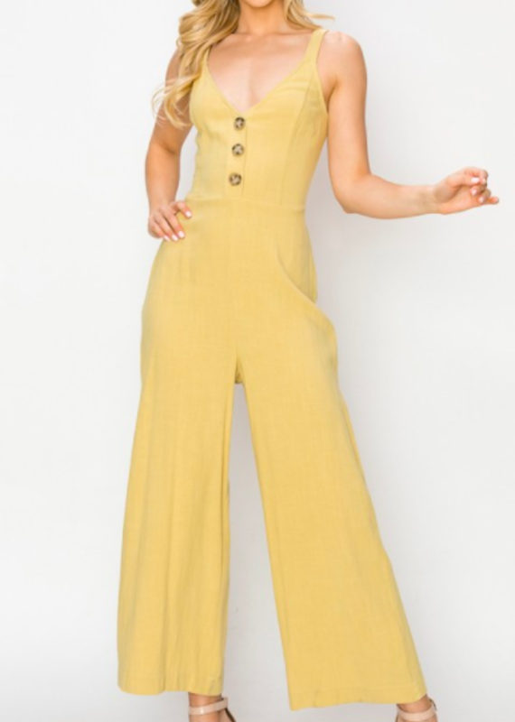 INA V Neck Sleeveless Button Detail Wide Long Pants Linen Romper