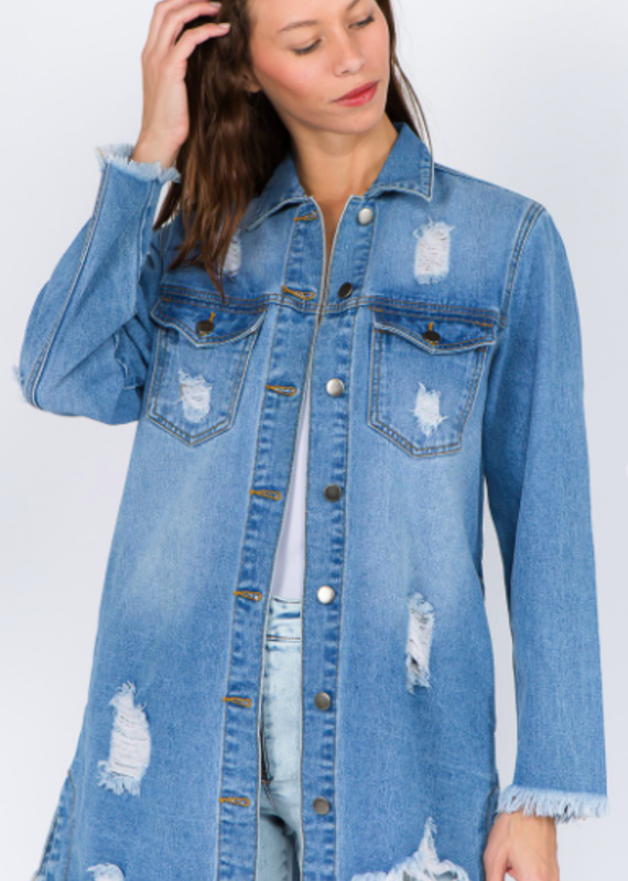 American Bazi Distressed Denim Shirt Style Jacket With Front & Side Pockets
