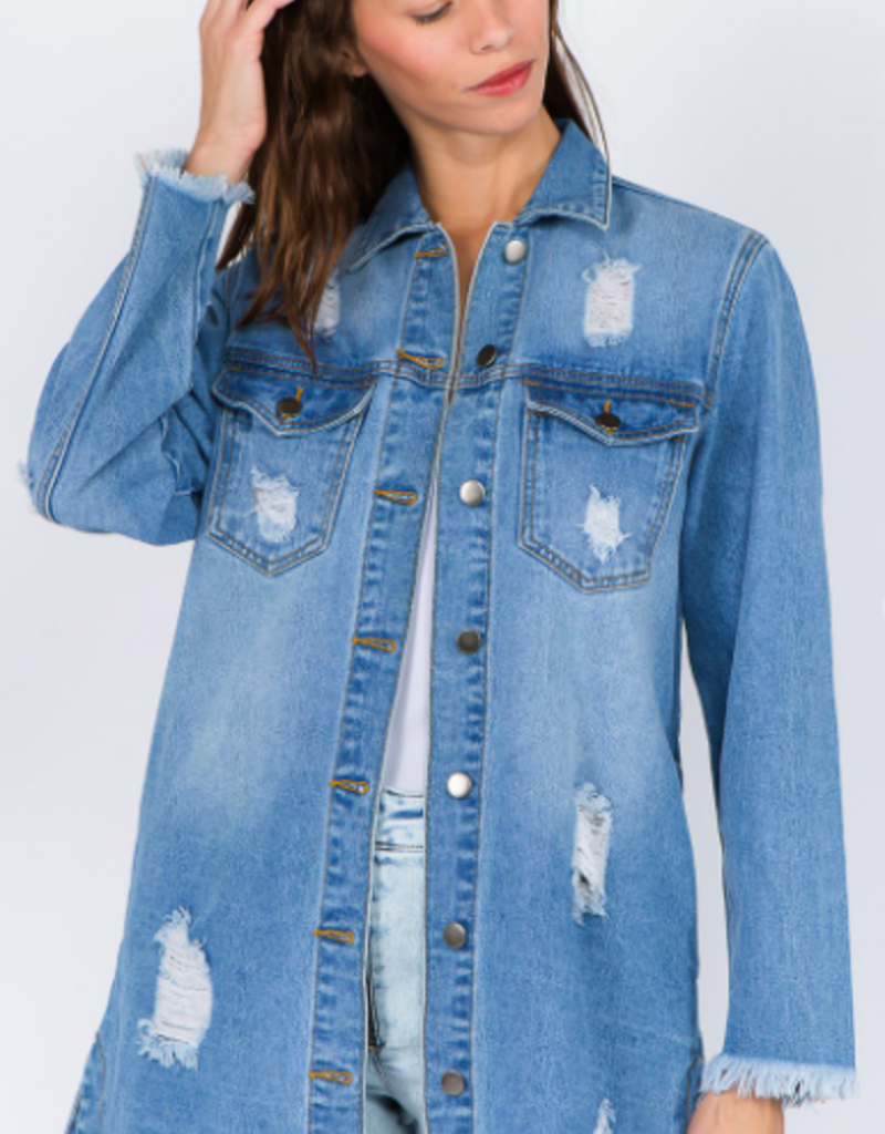 American Bazi Distressed Denim Shirt Style Jacket With Front & Side Pockets