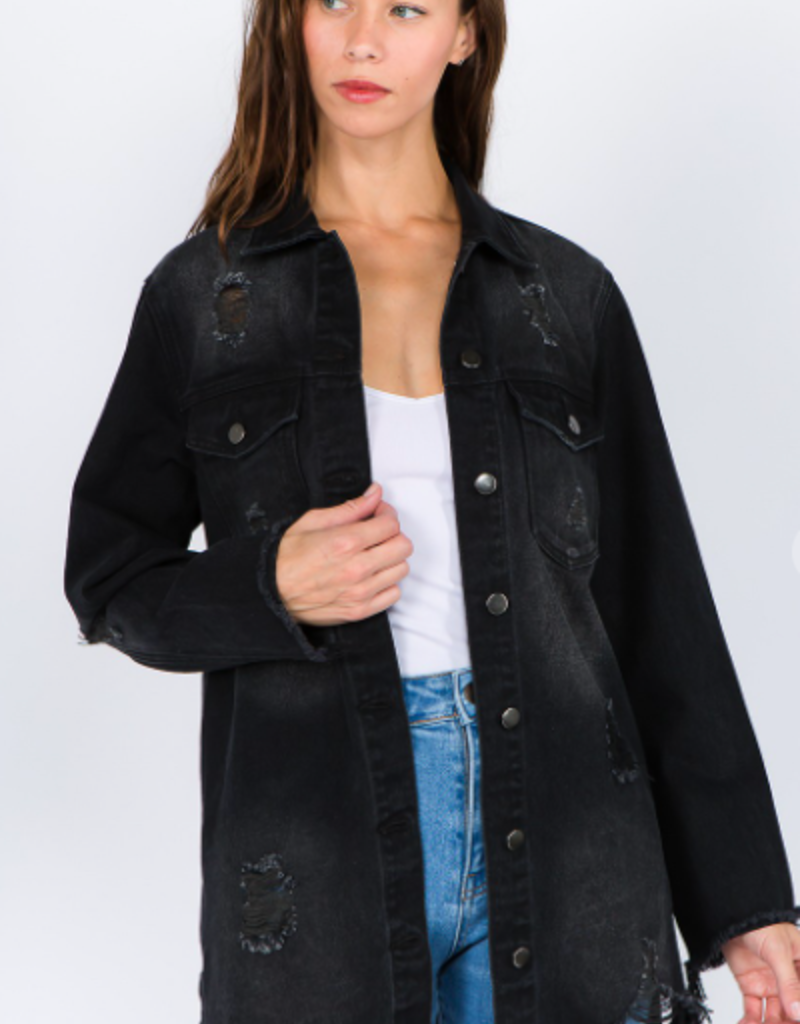 American Bazi Distressed Denim Shirt Style Jacket With Front & Side Pockets