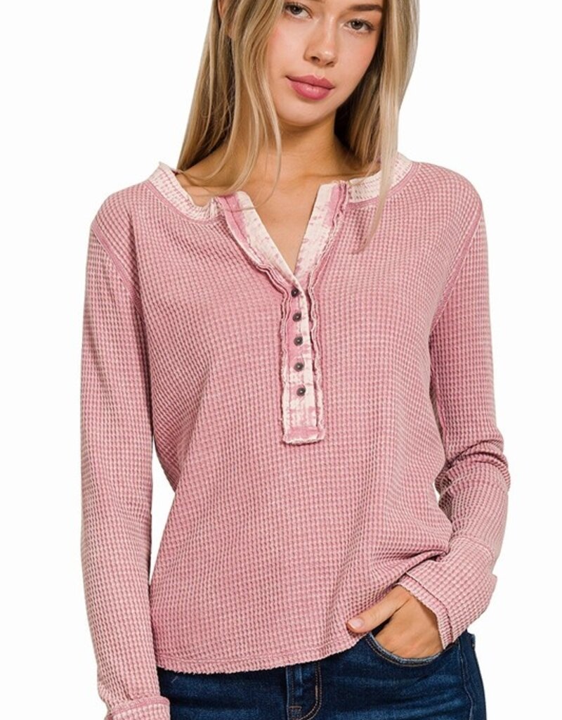 Lili Lu WASHED BABY WAFFLE CROP  HENLEY TOP