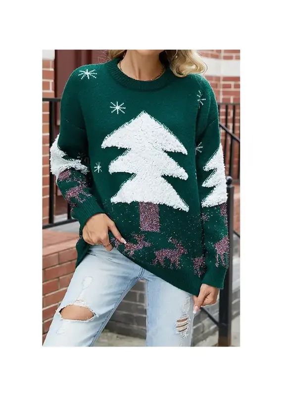 Lili Lu Deer Jacquard Christmas Pullover Sweater Available in Green & Red