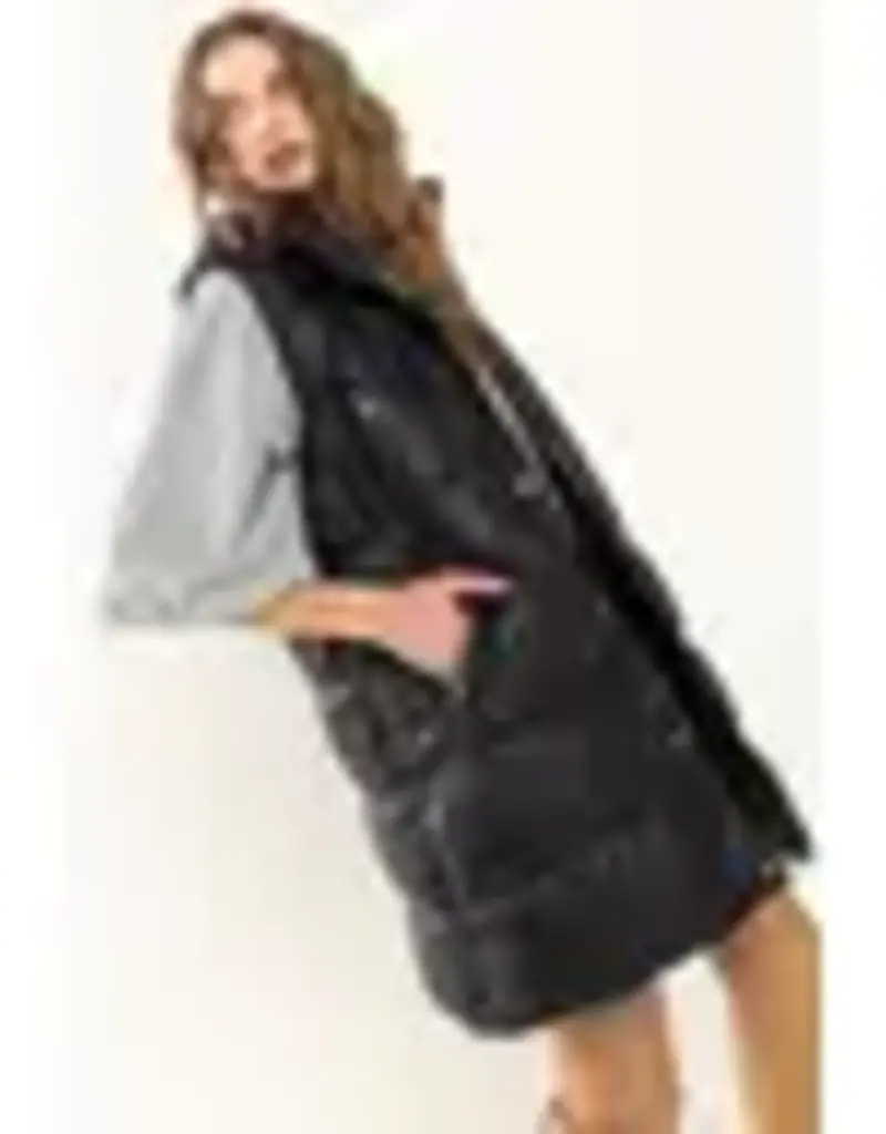 Ces Femme Faux Leather Hoodie Puffer Long Vest Jacket / JIC80300