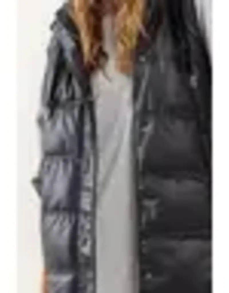 Ces Femme Faux Leather Hoodie Puffer Long Vest Jacket / JIC80300