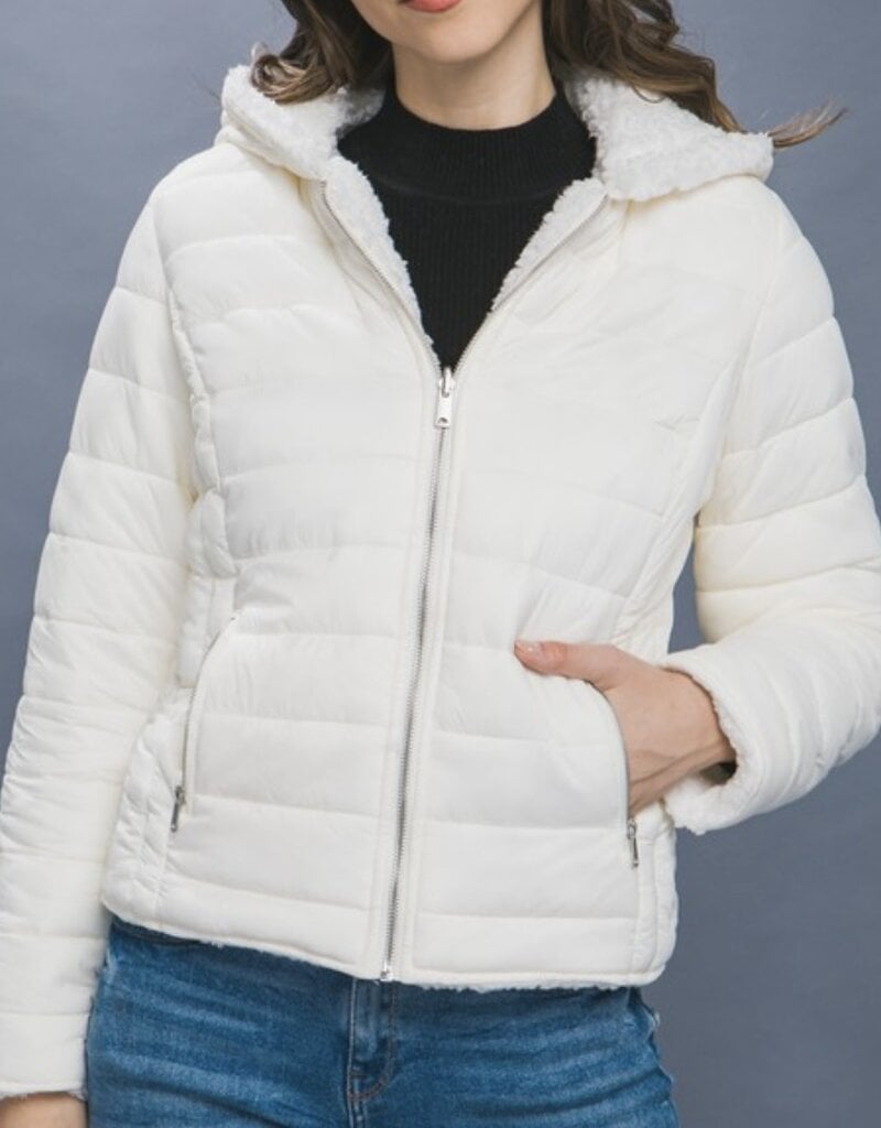 Faux Sherpa Fleece Puffer Reversible Hooded Jacket