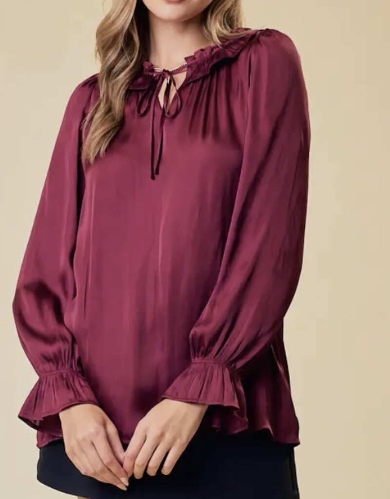 Lili Lu Silky Ruffled Tie Collar and Cuff Sleeve Top