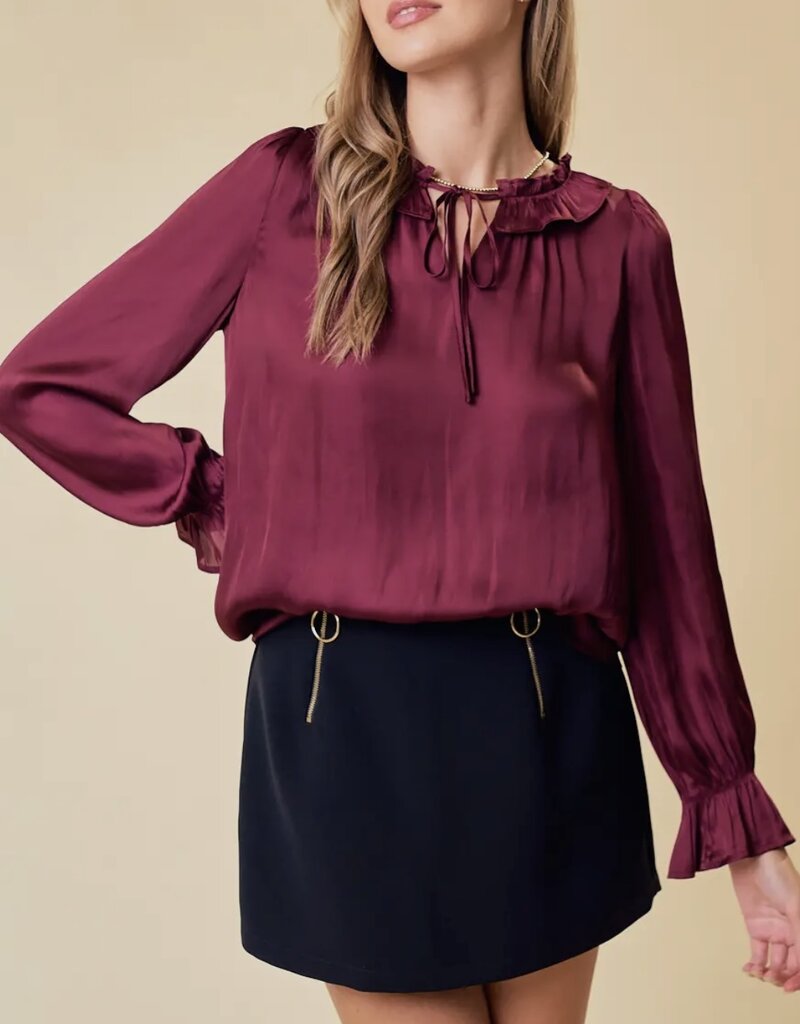 Lili Lu Silky Ruffled Tie Collar and Cuff Sleeve Top