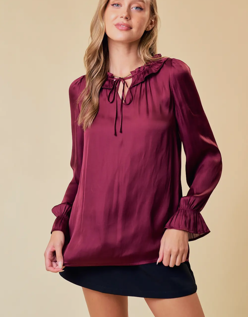 Lili Lu Silky Ruffled Tie Collar and Cuff Sleeve Top