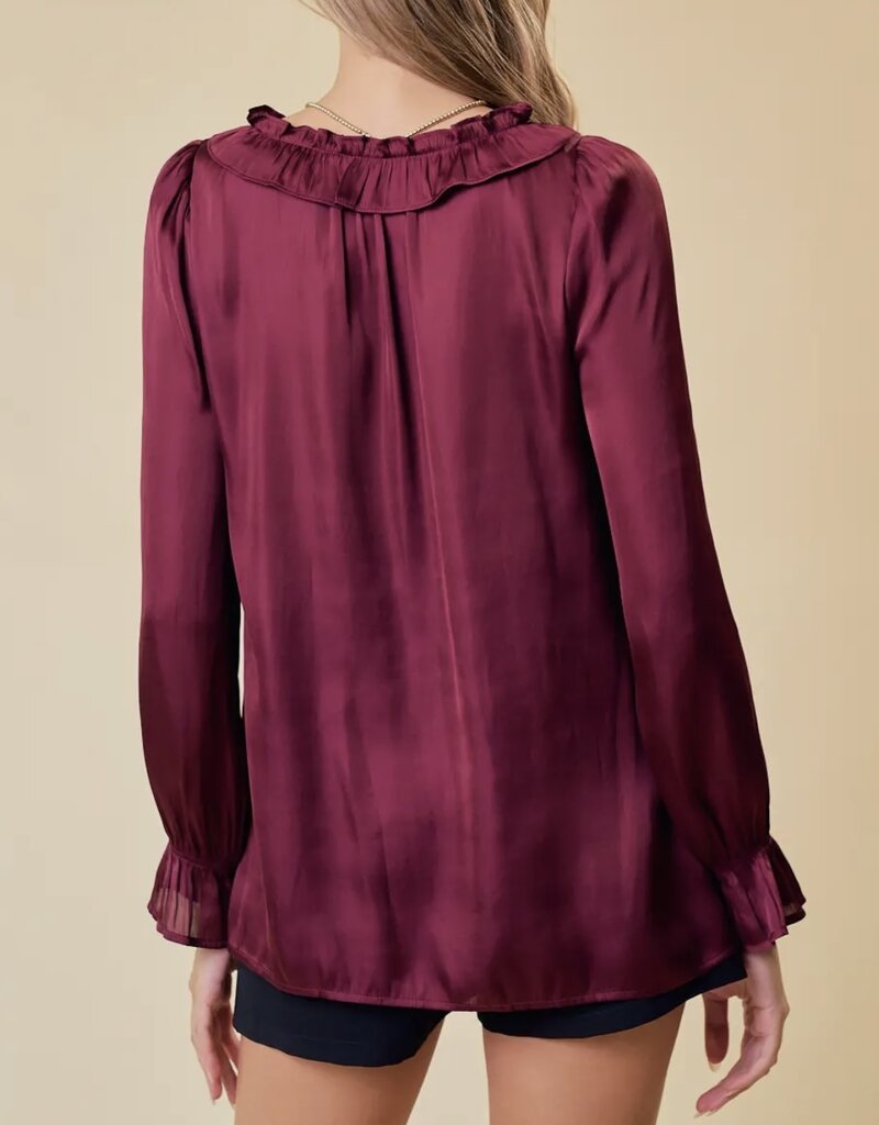Lili Lu Silky Ruffled Tie Collar and Cuff Sleeve Top
