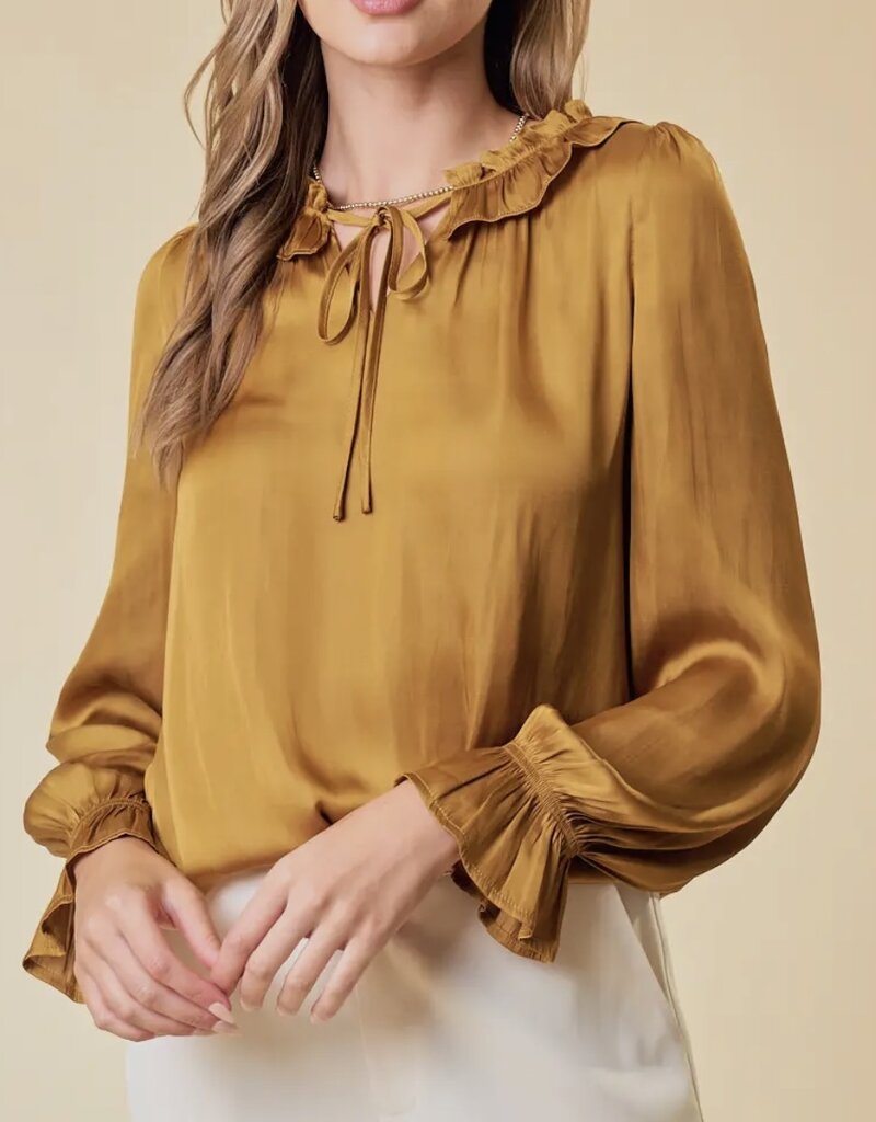 Lili Lu Silky Ruffled Tie Collar and Cuff Sleeve Top