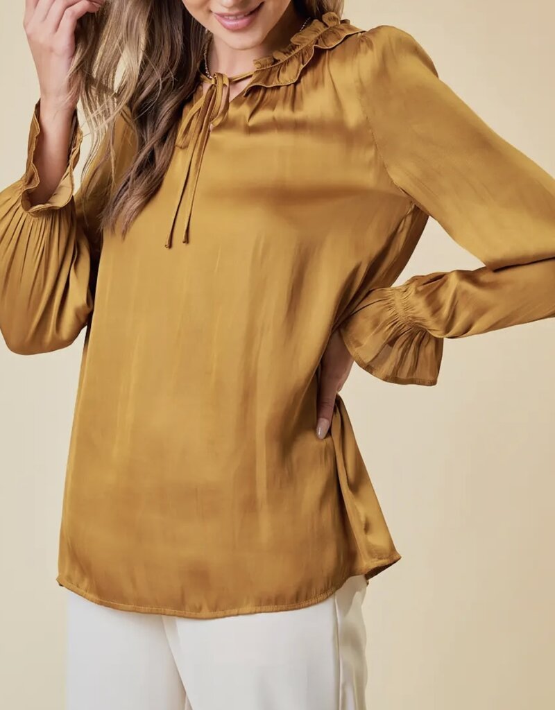 Lili Lu Silky Ruffled Tie Collar and Cuff Sleeve Top