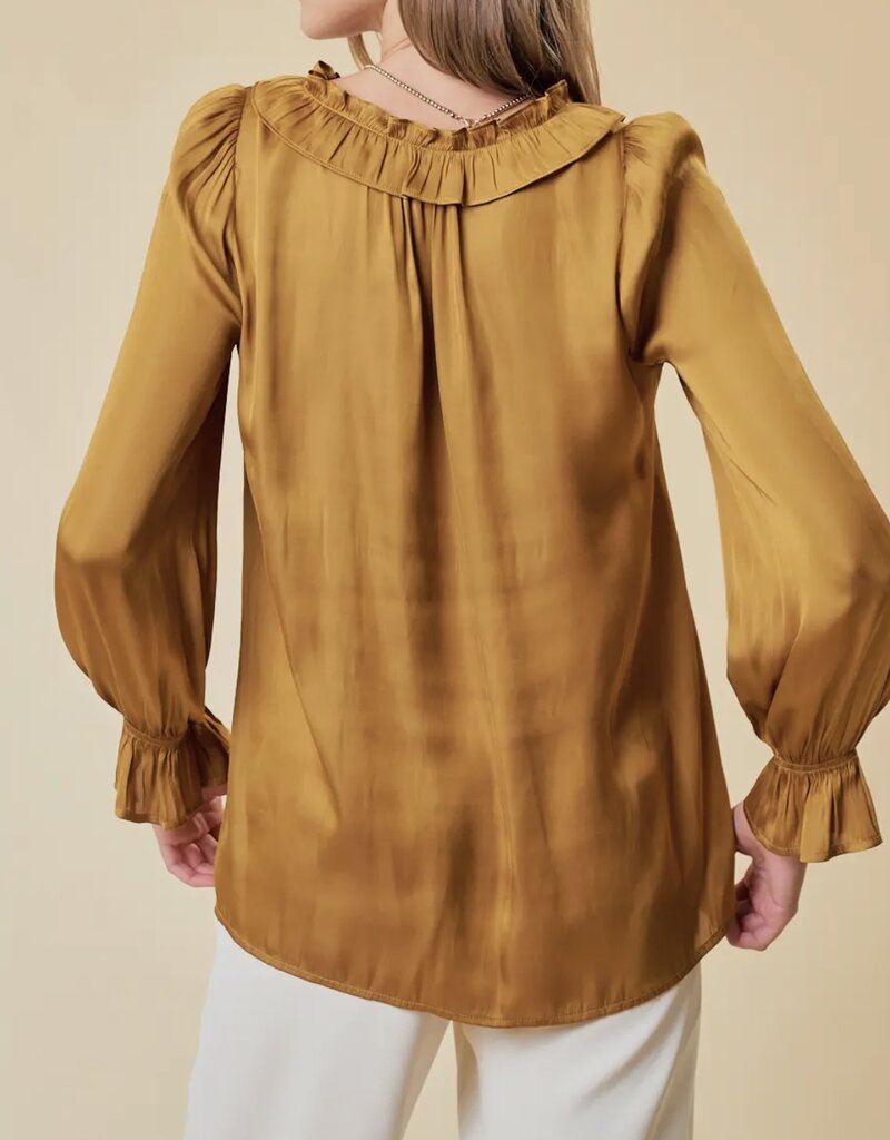 Lili Lu Silky Ruffled Tie Collar and Cuff Sleeve Top