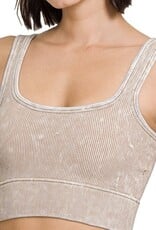 WASHED RIBBED SQUARE NECK CROP TANK W/BRA PADS